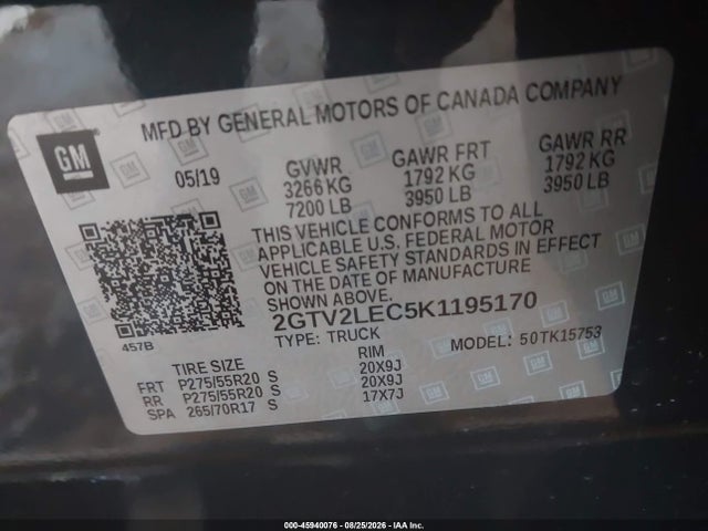 Aukcja sprzedaży 2019 Gmc Sierra 1500 Limited, vin: 2GTV2LEC5K1195170, numer aukcji: 45940076