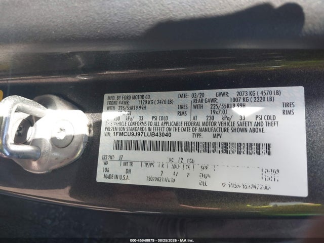 Продажа на аукционе авто 2020 Ford Escape Titanium, vin: 1FMCU9J97LUB43040, номер лота: 45940079