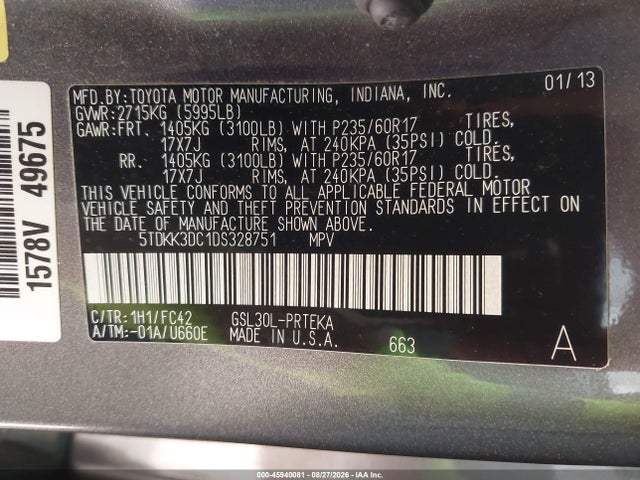 2013 Toyota Sienna Le V6 8 Passenger მანქანა იყიდება აუქციონზე, vin: 5TDKK3DC1DS328751, აუქციონის ნომერი: 45940081