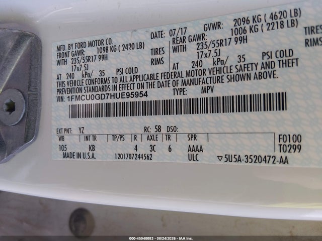 45940083 :رقم المزاد ، 1FMCU0GD7HUE95954 vin ، 2017 Ford Escape Se مزاد بيع