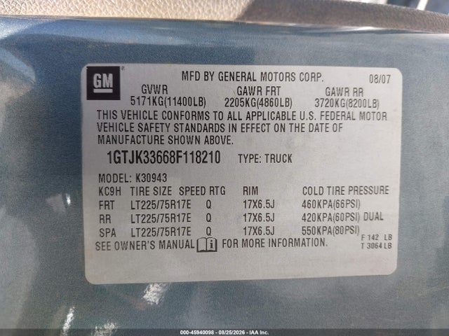 Продаж на аукціоні авто 2008 Gmc Sierra 3500hd Sle2, vin: 1GTJK33668F118210, номер лоту: 45940098