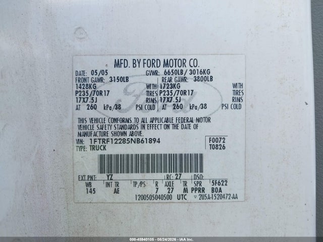 45940105 :رقم المزاد ، 1FTRF12285NB61894 vin ، 2005 Ford F-150 Stx/xl/xlt مزاد بيع