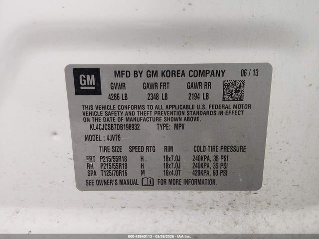 Aukcja sprzedaży 2013 Buick Encore Leather, vin: KL4CJCSB7DB198932, numer aukcji: 45940113