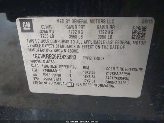 2015 Chevrolet Silverado 1500 Lt მანქანა იყიდება აუქციონზე, vin: 1GCVKREC6FZ433883, აუქციონის ნომერი: 45940116