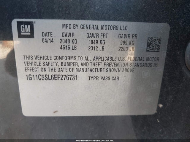 Продажа на аукционе авто 2014 Chevrolet Malibu 1lt, vin: 1G11C5SL6EF276731, номер лота: 45940119