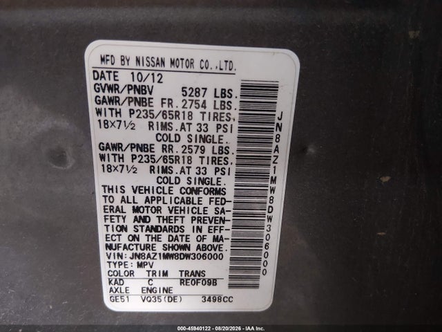 2013 Nissan Murano Sl მანქანა იყიდება აუქციონზე, vin: JN8AZ1MW8DW306000, აუქციონის ნომერი: 45940122