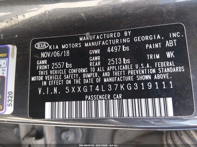 Продаж на аукціоні авто 2019 Kia Optima S, vin: 5XXGT4L37KG319111, номер лоту: 45940145
