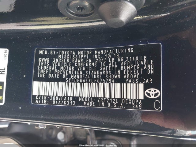 2020 Toyota Corolla L მანქანა იყიდება აუქციონზე, vin: 5YFDPRAEXLP075794, აუქციონის ნომერი: 45940149