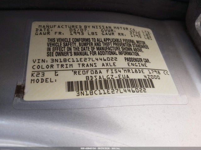 2007 Nissan Versa 1.8sl მანქანა იყიდება აუქციონზე, vin: 3N1BC11E27L446022, აუქციონის ნომერი: 45940154