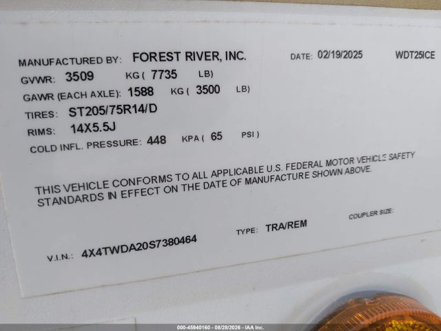 45940160 :رقم المزاد ، 4X4TWDA20S7380464 vin ، 2025 Forest River Wildwood X-lite Seri مزاد بيع