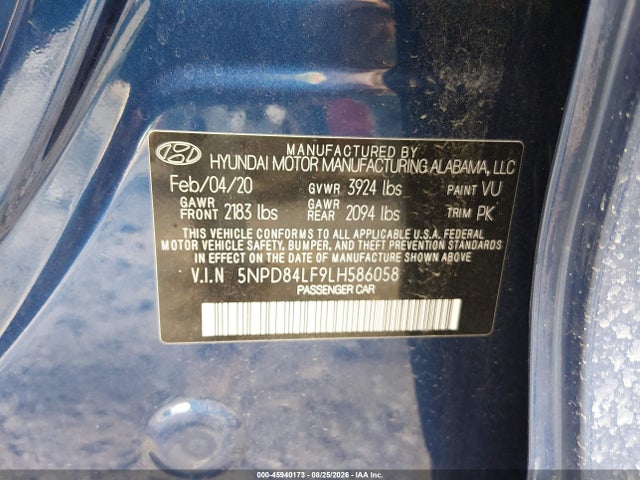 Продаж на аукціоні авто 2020 Hyundai Elantra Value Edition, vin: 5NPD84LF9LH586058, номер лоту: 45940173