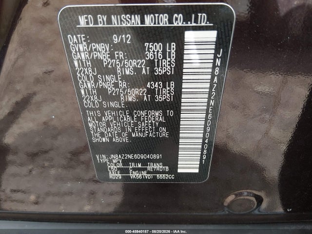 Aukcja sprzedaży 2013 Infiniti Qx56, vin: JN8AZ2NE6D9040891, numer aukcji: 45940187
