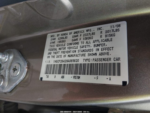 2009 Honda Accord 2.4 Lx-p მანქანა იყიდება აუქციონზე, vin: 1HGCP26429A065620, აუქციონის ნომერი: 45940191