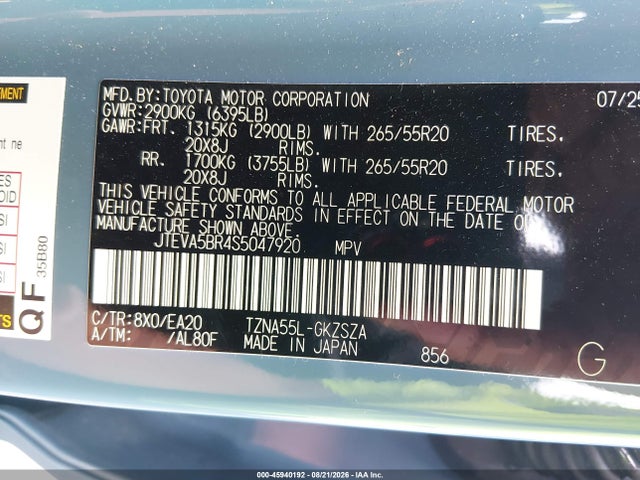 45940192 :رقم المزاد ، JTEVA5BR4S5047920 vin ، 2025 Toyota 4runner Trd Sport Premium مزاد بيع