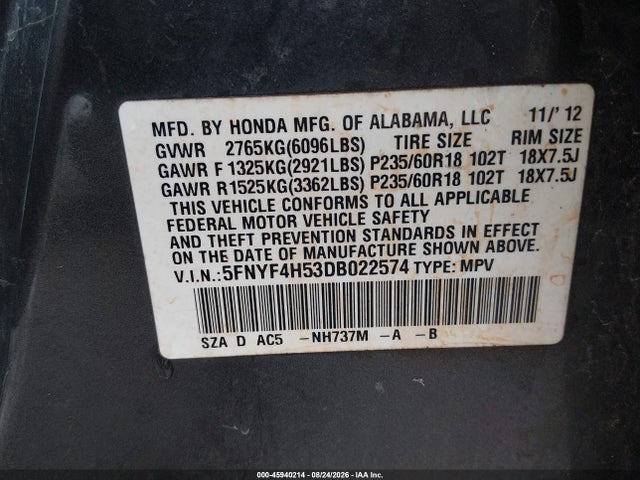 2013 Honda Pilot Ex-l მანქანა იყიდება აუქციონზე, vin: 5FNYF4H53DB022574, აუქციონის ნომერი: 45940214