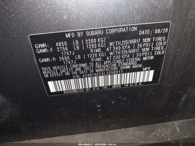 Aukcja sprzedaży 2020 Subaru Outback Premium, vin: 4S4BTAEC4L3258917, numer aukcji: 45940217