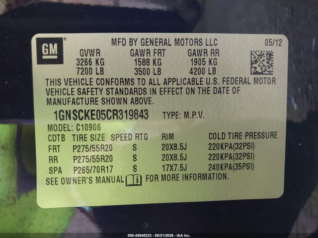 Aukcja sprzedaży 2012 Chevrolet Suburban Ltz, vin: 1GNSCKE05CR319843, numer aukcji: 45940223