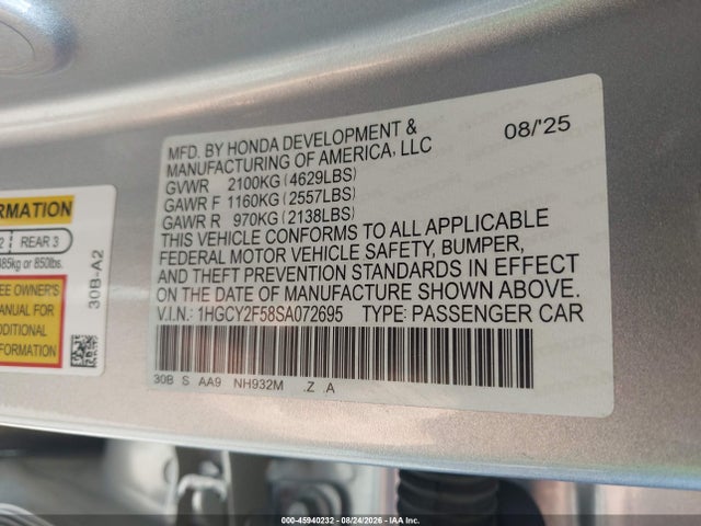 Aukcja sprzedaży 2025 Honda Accord Hybrid Sport, vin: 1HGCY2F58SA072695, numer aukcji: 45940232