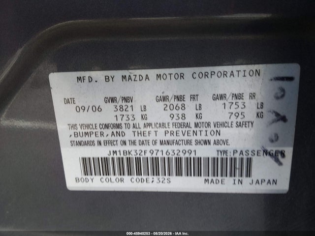 2007 Mazda Mazda3 I მანქანა იყიდება აუქციონზე, vin: JM1BK32F971632991, აუქციონის ნომერი: 45940253