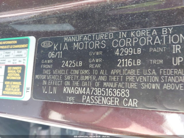 45940254 :رقم المزاد ، KNAGN4A73B5163683 vin ، 2011 Kia Optima Ex مزاد بيع