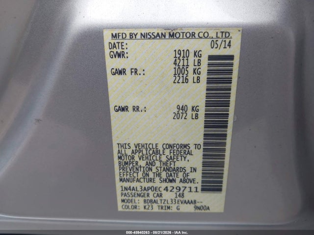 2014 Nissan Altima 2.5 Sv მანქანა იყიდება აუქციონზე, vin: 1N4AL3AP0EC429711, აუქციონის ნომერი: 45940263