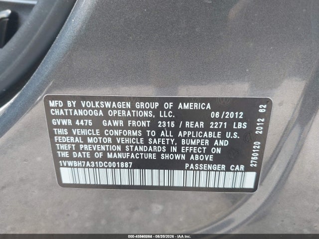 45940264 :رقم المزاد ، 1VWBH7A31DC001887 vin ، 2013 Volkswagen Passat 2.5l Se مزاد بيع