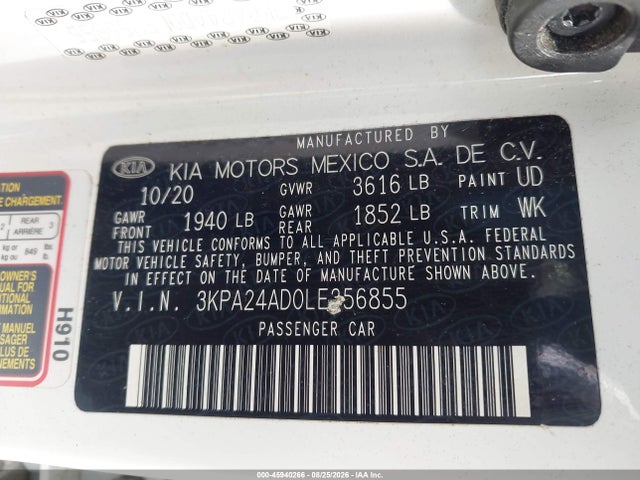45940266 :رقم المزاد ، 3KPA24AD0LE356855 vin ، 2020 Kia Rio Lx مزاد بيع