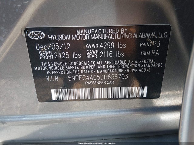 45940280 :رقم المزاد ، 5NPEC4AC5DH656703 vin ، 2013 Hyundai Sonata Se مزاد بيع