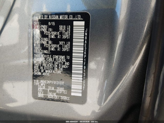 Nissan Quest Sv 2015 JN8AE2KP1F9131037 Image 9