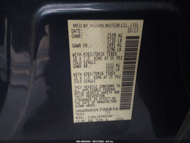 45940304 :رقم المزاد ، 1N6AD0ER5EN706856 vin ، 2014 Nissan Frontier Sv مزاد بيع