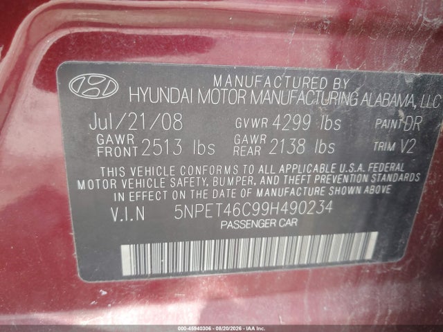 2009 Hyundai Sonata Gls მანქანა იყიდება აუქციონზე, vin: 5NPET46C99H490234, აუქციონის ნომერი: 45940306