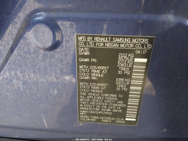2017 Nissan Rogue Sv მანქანა იყიდება აუქციონზე, vin: KNMAT2MV2HP578519, აუქციონის ნომერი: 45940313