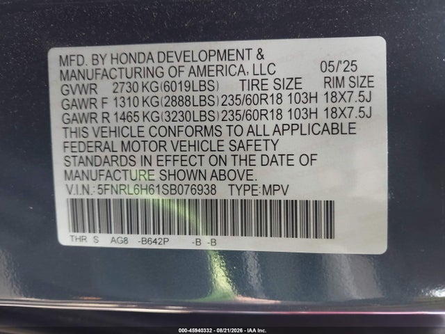 Honda Odyssey Ex-l 2025 5FNRL6H61SB076938 Image 9