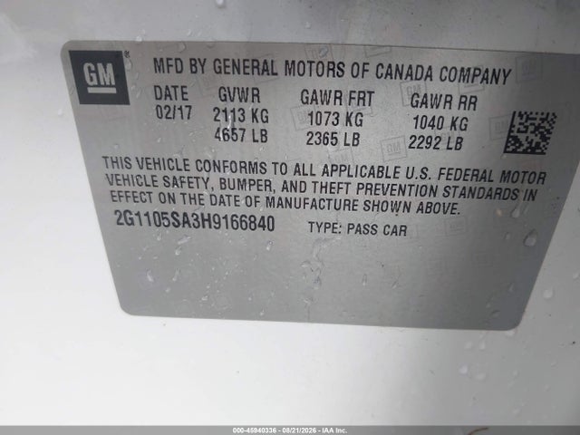2017 Chevrolet Impala 1lt მანქანა იყიდება აუქციონზე, vin: 2G1105SA3H9166840, აუქციონის ნომერი: 45940336