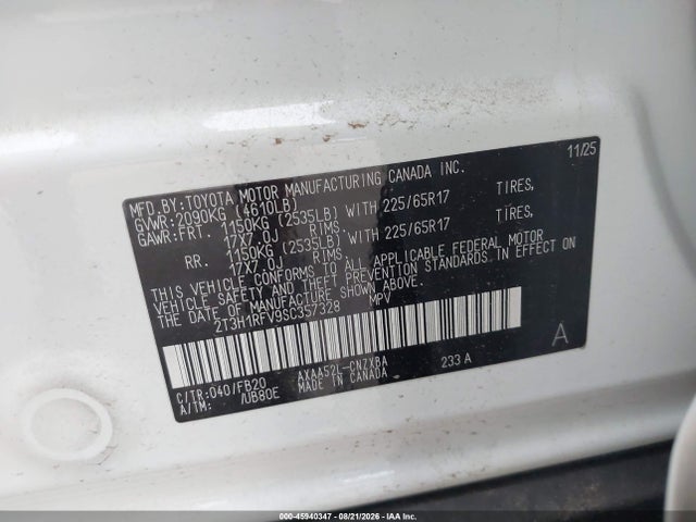 2025 Toyota Rav4 Le მანქანა იყიდება აუქციონზე, vin: 2T3H1RFV9SC357328, აუქციონის ნომერი: 45940347