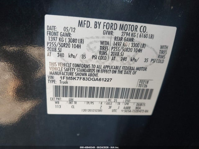 Продажа на аукционе авто 2013 Ford Explorer Limited, vin: 1FM5K7F83DGA61227, номер лота: 45940349