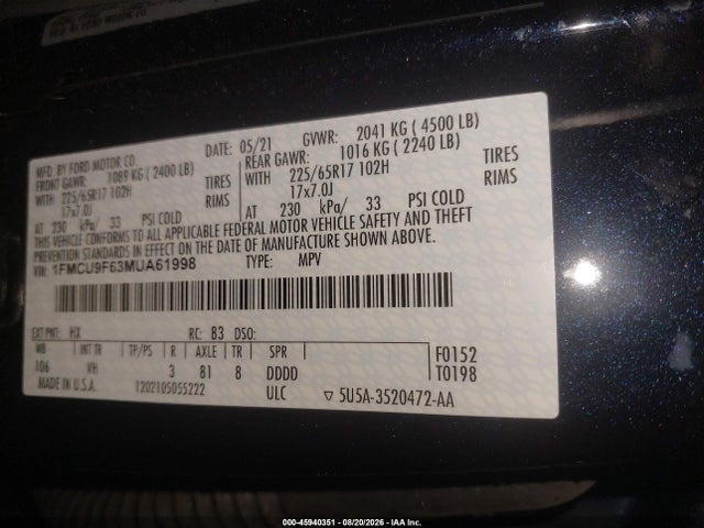 Продажа на аукционе авто 2021 Ford Escape S, vin: 1FMCU9F63MUA61998, номер лота: 45940351