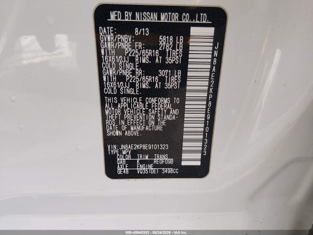 Продажа на аукционе авто 2014 Nissan Quest S, vin: JN8AE2KP8E9101323, номер лота: 45940352