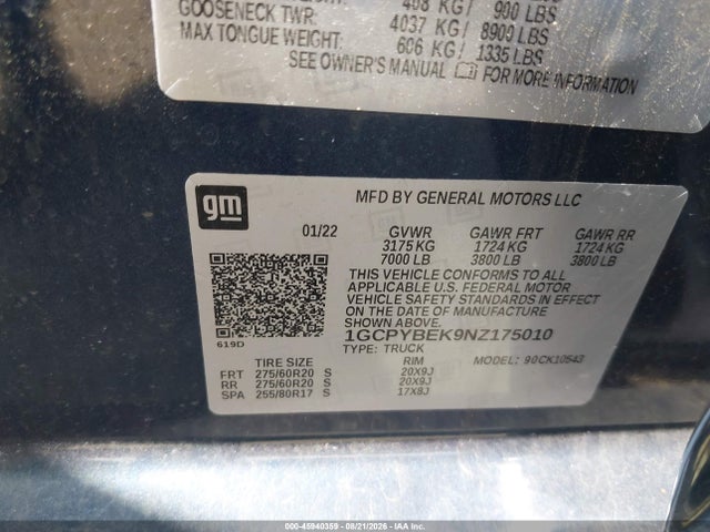 45940359 :رقم المزاد ، 1GCPYBEK9NZ175010 vin ، 2022 Chevrolet Silverado 1500 Ltd 4wd  Short Bed Custom مزاد بيع