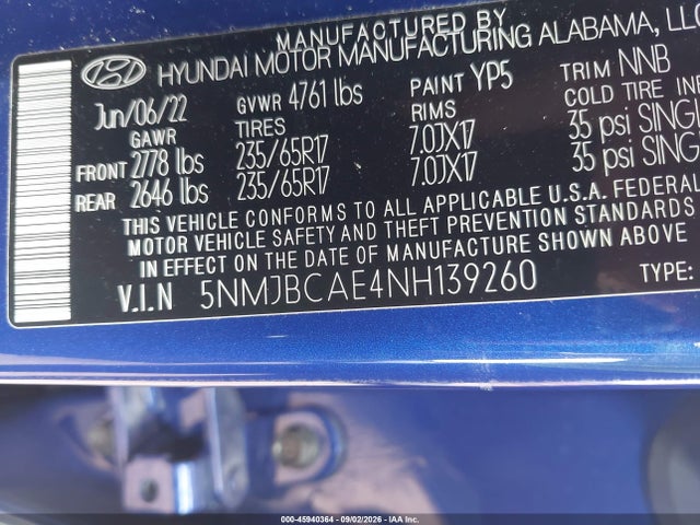 Продаж на аукціоні авто 2022 Hyundai Tucson Sel, vin: 5NMJBCAE4NH139260, номер лоту: 45940364