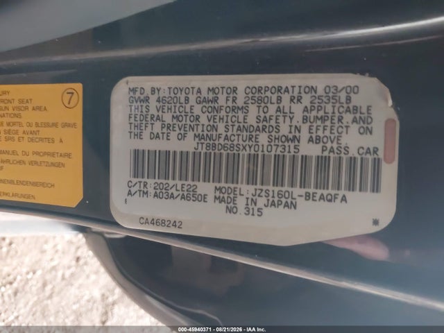 Aukcja sprzedaży 2000 Lexus Gs 300, vin: JT8BD68SXY0107315, numer aukcji: 45940371