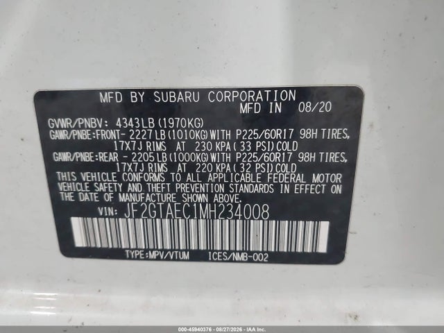 Aukcja sprzedaży 2021 Subaru Crosstrek Premium, vin: JF2GTAEC1MH234008, numer aukcji: 45940376