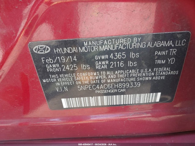 2014 Hyundai Sonata Limited მანქანა იყიდება აუქციონზე, vin: 5NPEC4AC6EH899339, აუქციონის ნომერი: 45940417