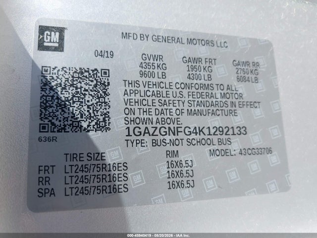45940419 :رقم المزاد ، 1GAZGNFG4K1292133 vin ، 2019 Chevrolet Express 3500 Ls مزاد بيع