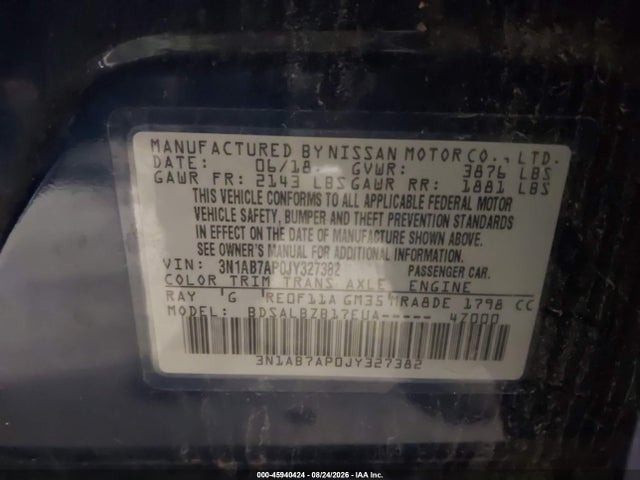 Продаж на аукціоні авто 2018 Nissan Sentra S, vin: 3N1AB7AP0JY327382, номер лоту: 45940424