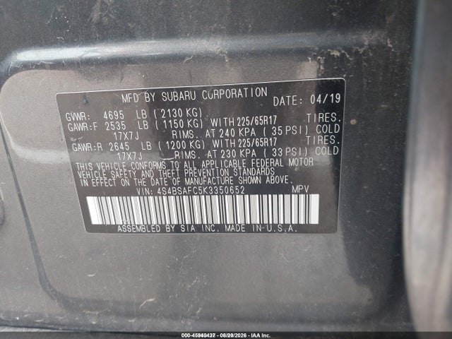 Aukcja sprzedaży 2019 Subaru Outback 2.5i Premium, vin: 4S4BSAFC5K3350652, numer aukcji: 45940427