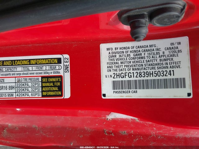 2009 Honda Civic Ex მანქანა იყიდება აუქციონზე, vin: 2HGFG12839H503241, აუქციონის ნომერი: 45940431