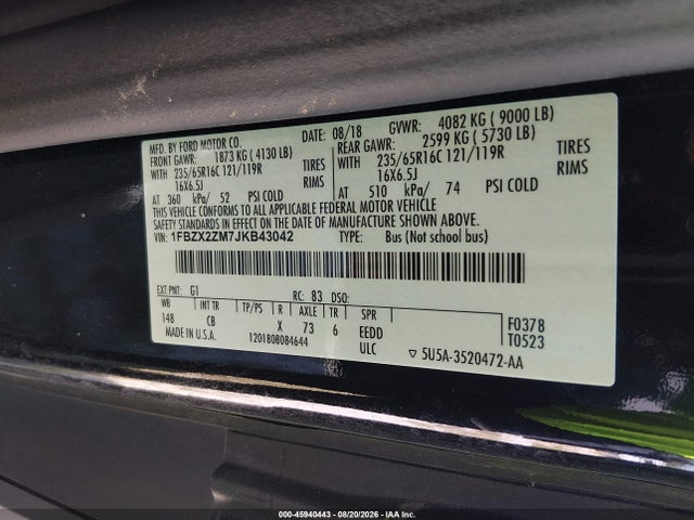 Продажа на аукционе авто 2018 Ford Transit-350 Xl, vin: 1FBZX2ZM7JKB43042, номер лота: 45940443