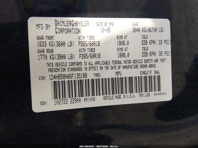 Продаж на аукціоні авто 2006 Dodge Durango Limited, vin: 1D4HB58N06F135188, номер лоту: 45940447