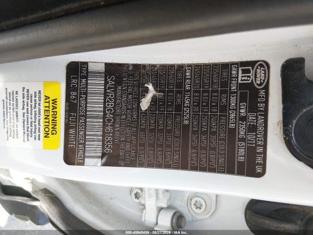 2012 Land Rover Range Rover Evoque Pure Plus მანქანა იყიდება აუქციონზე, vin: SALVR2BG4CH618356, აუქციონის ნომერი: 45940456